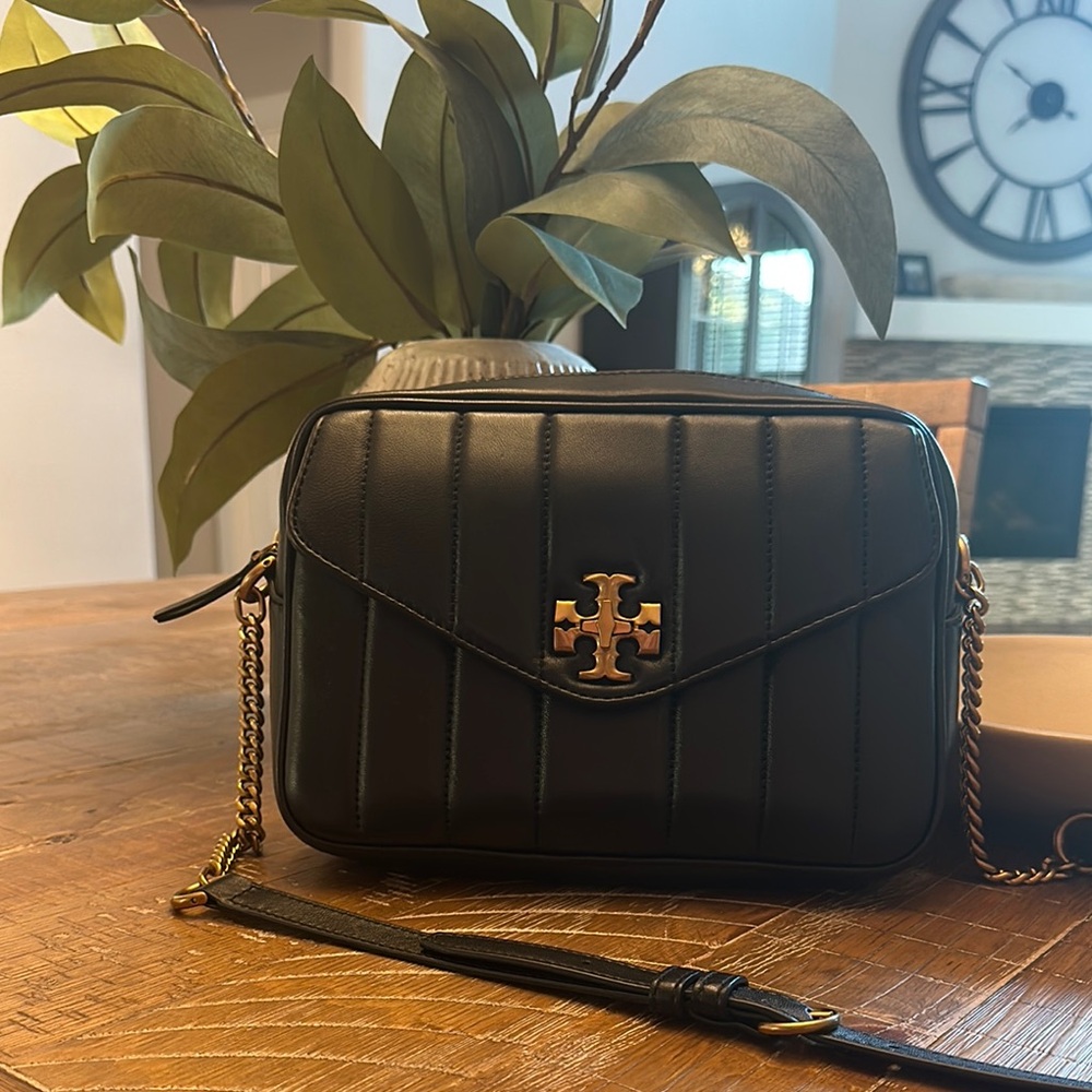 Tory Burch Black and Gold Crossbody Bag with Quilted Design